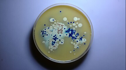 Colorful mold colony growing in petri dish culture medium under laboratory conditions, showing fungal growth pattern, microbiology science, spore development, and microorganism structure