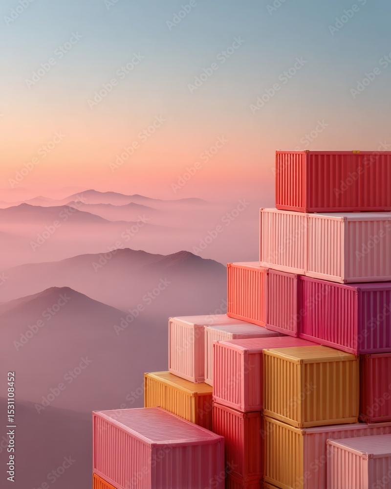 Poster vibrant export tariff shipping containers stacked in geometric patterns against sunset mountainscape