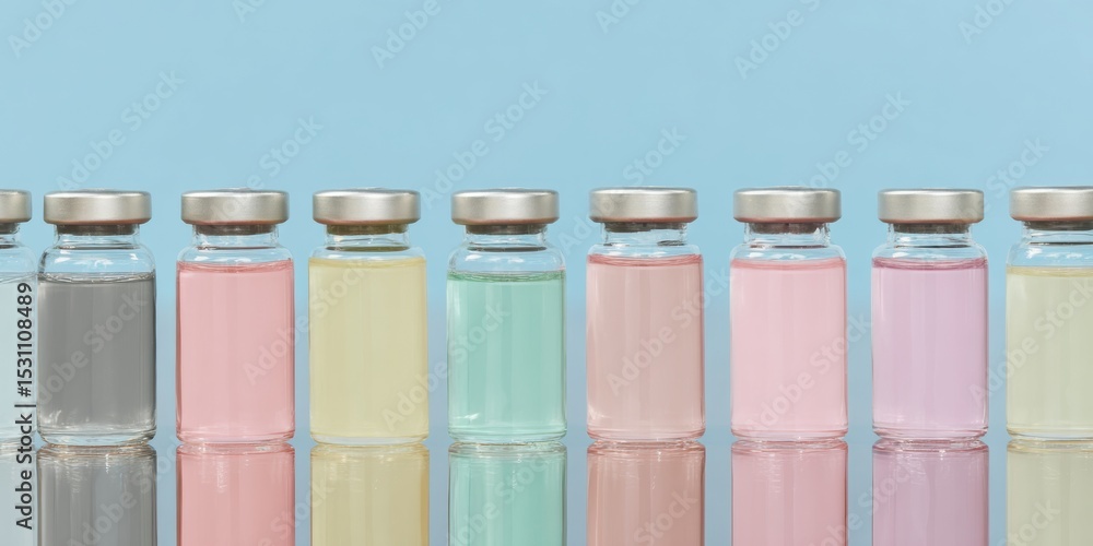 Aufkleber Precision Row of Colorful Vaccine Vials on Reflective Surface Representing Modern Immunization and Public Health Innovation for Medical Industry