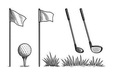 Detailed vector illustration of golf course elements, presented in a black and white style.