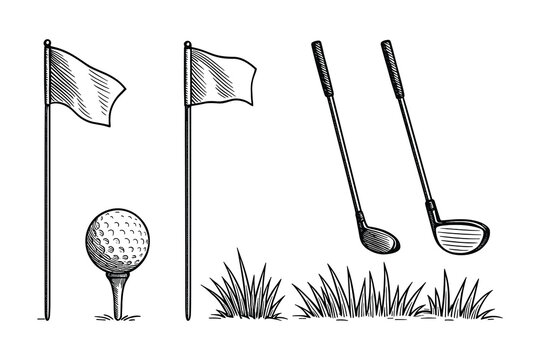 Detailed vector illustration of golf course elements, presented in a black and white style.