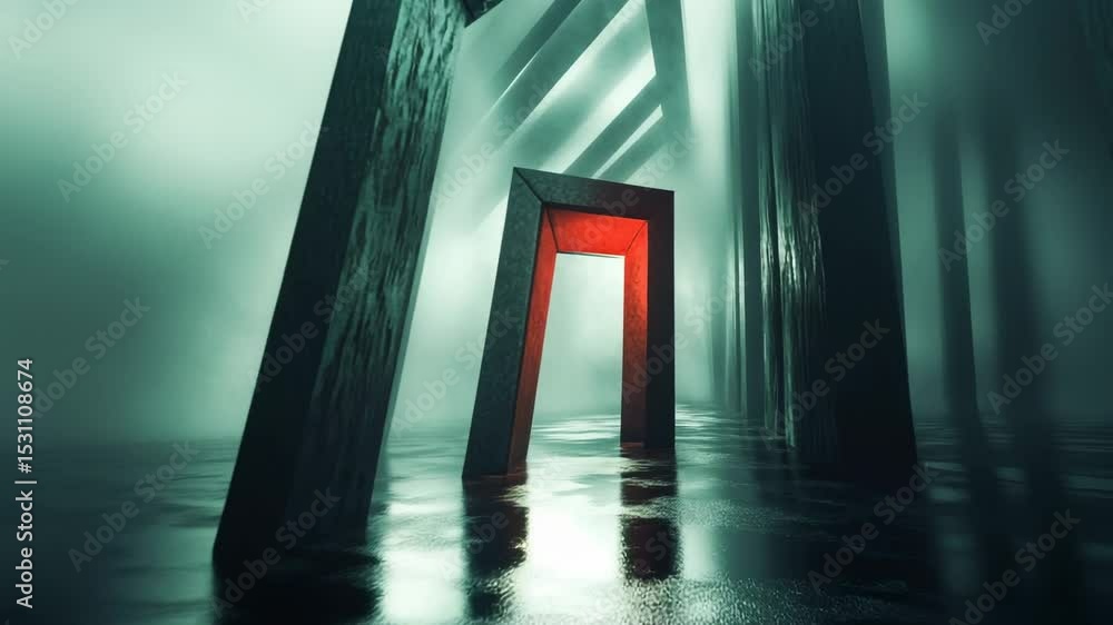 Poster mysterious landscape of surreal architecture illuminated by red light in a foggy environment