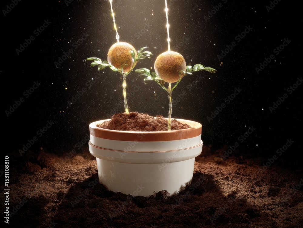 Aufkleber Quantum Energy Nodes with Flowing Light Streams Connecting Growing Organic Spheres in Soil - Futuristic Science and Tech Visualization for Research and Innovation