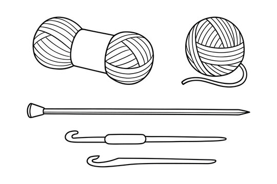 Detailed vector illustration of knitting needles and yarn balls. Craft supplies.