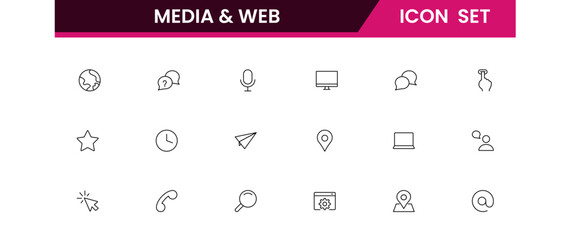 Vector Icon Collection for Media and Web Applications Line Style Illustrations Covering Data Analysis, Marketing Strategies, Communication, and Management Interfaces