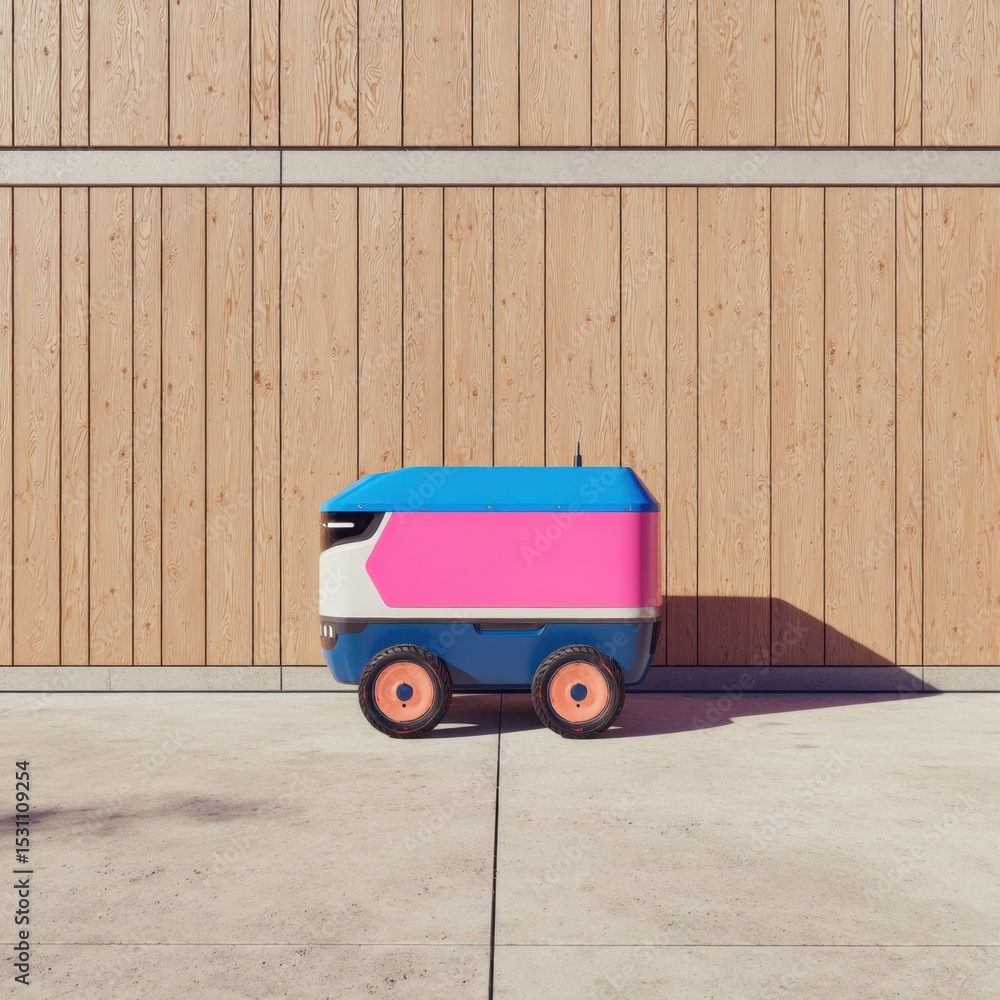 Poster compact delivery robot near wooden panels in urban minimalist environment showcasing autonomous logi