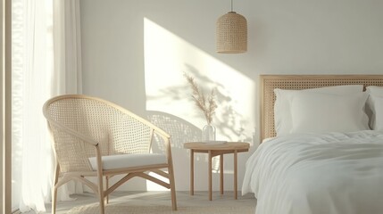 Natural light streams into a serene bedroom with woven furniture.
