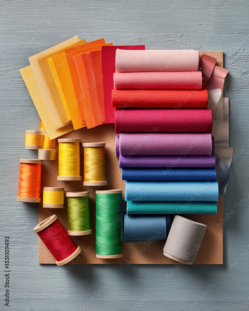 Poster diy pride flag maker workspace with rainbow fabric rolls, color swatches, and thread spools on woode
