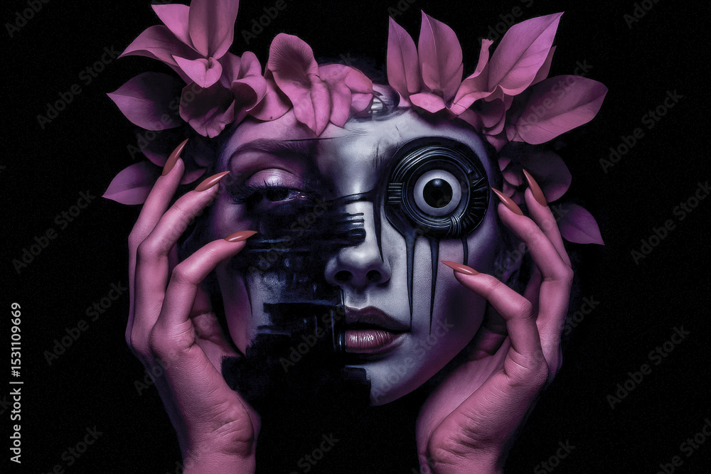 Poster an artistic creation showcases a face split between human and robotic features, highlighted with pin