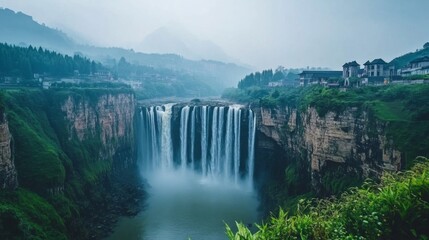 Fototapeta premium Majestic Waterfall Cascading Down Lush Green Cliffs in Misty Mountain Landscape