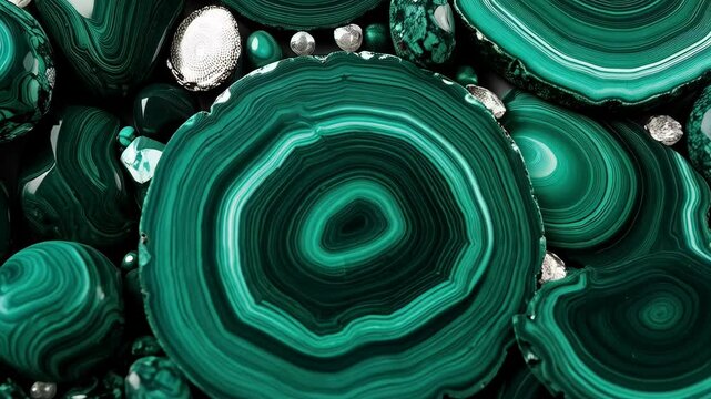Collection of cut and polished malachite rocks and spherical mineral formations arranged tightly together, vivid green gemstone background