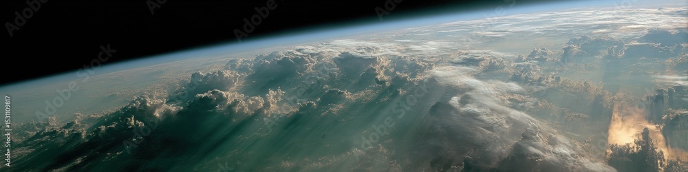 Poster majestic commercial spaceflight view of earth orbit with sunlight and atmospheric layers highlightin
