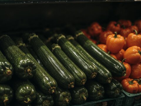 Fresh Zucchinis and Orange Bell Peppers Displayed at a Supermarket, Dark Setting.