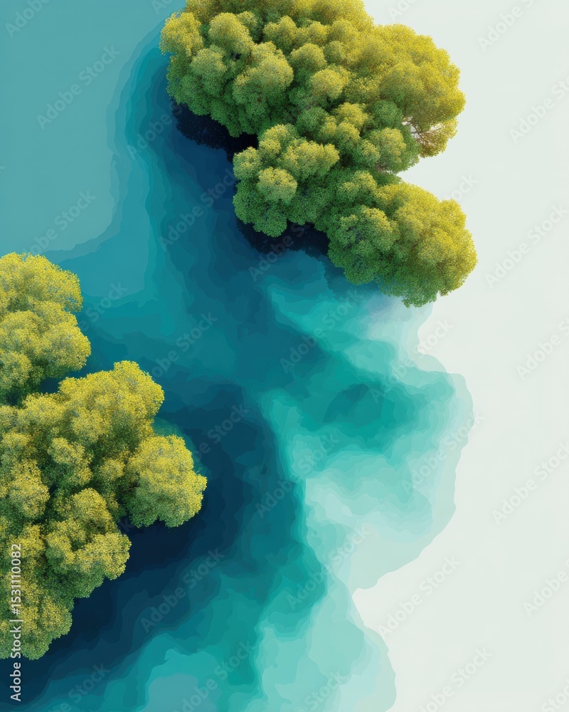 Poster aerial view of mangrove forest ecosystem meeting coastline with visible root systems for climate res