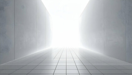Abstract White Tunnel with Bright Light and Geometric Floor