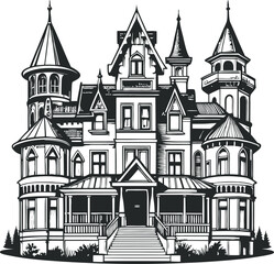 Obraz premium This is an image of a detailed black and white illustration of a grand Victorian-style house