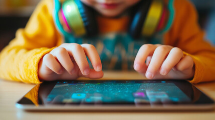 Childâs hands using a touchscreen learning app on a tablet with headphones