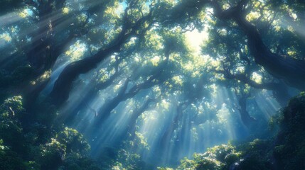 Naklejka premium Sunbeams Through Lush Green Forest Canopy