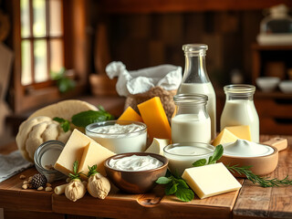 Fresh dairy products on a wooden table, conveying rustic simplicity and natural freshness.