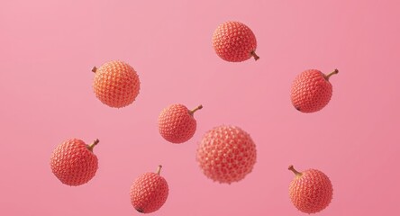 Lychee Fruit Still Life. Exotic Pink Backdrop with Floating Tropical Delights.