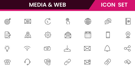 Vector Icon Collection for Media and Web Applications Line Style Illustrations Covering Data Analysis, Marketing Strategies, Communication, and Management Interfaces