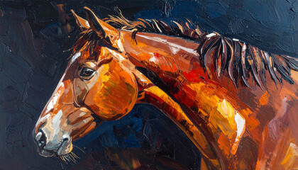 Abstract oil painting of beautiful horse. Wild animal. Knife palette technique. Hand drawn art.