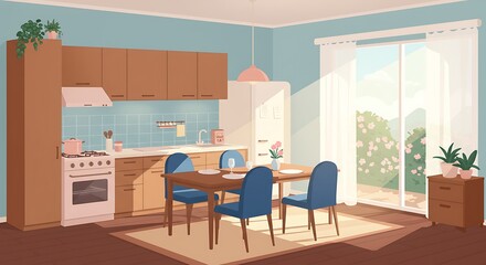 A charming kitchen and dining space featuring wooden cabinetry, a fully set dining table, and a large window overlooking a lush garden.