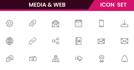Vector Icon Collection for Media and Web Applications Line Style Illustrations Covering Data Analysis, Marketing Strategies, Communication, and Management Interfaces