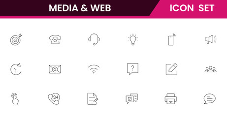 Vector Icon Collection for Media and Web Applications Line Style Illustrations Covering Data Analysis, Marketing Strategies, Communication, and Management Interfaces