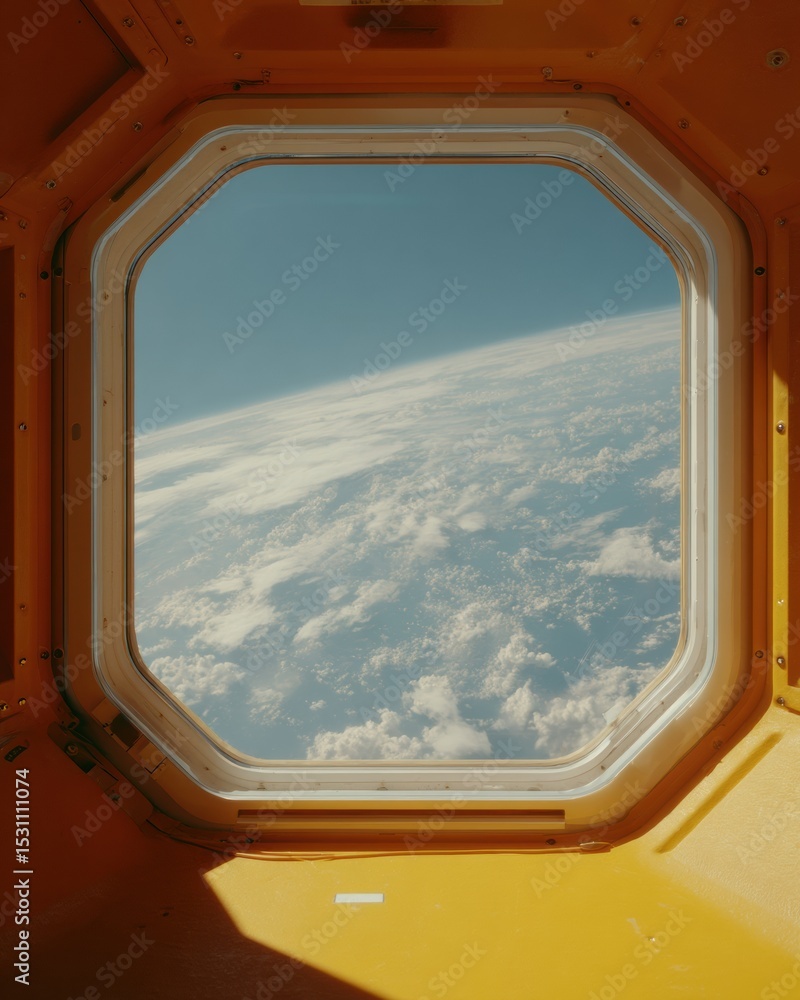 Poster space station porthole view of earth with curved window and geometric frame in aerospace exploration