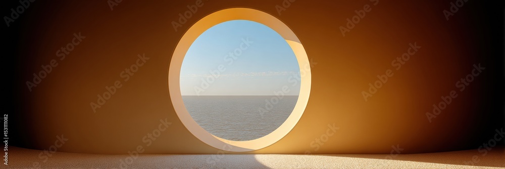 Poster minimalist circular porthole window with clean glass and visible hardware framing ocean view - symbo