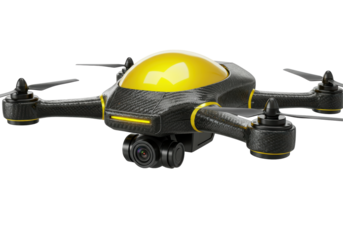 Isolated Black and Yellow Camera Drone with Carbon Fiber Body