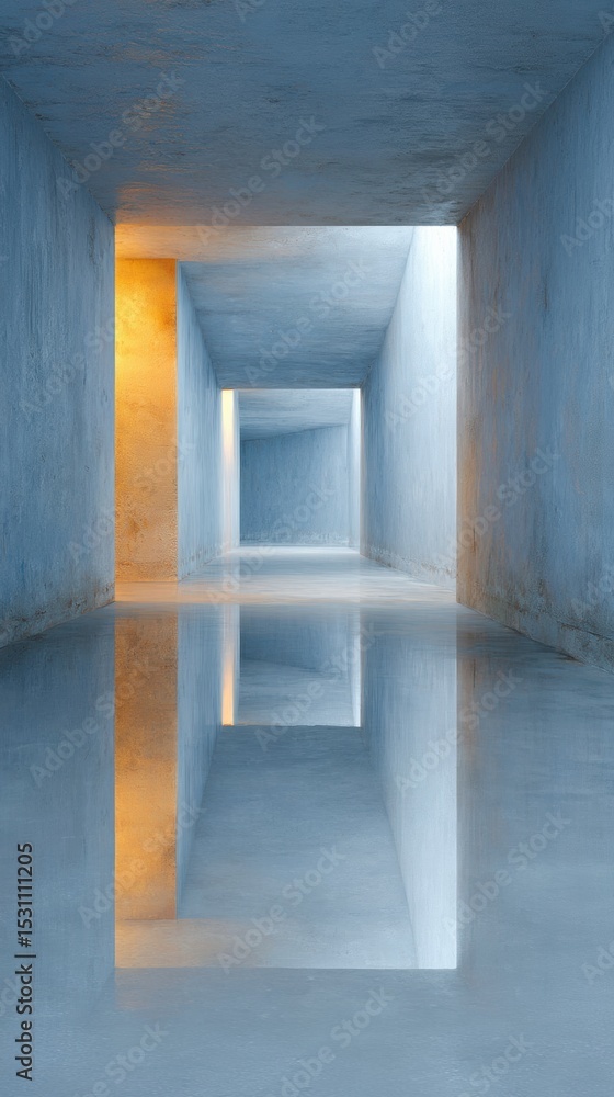 Poster minimalist underground concrete passage with reflective floor and ambient lighting for modern archit