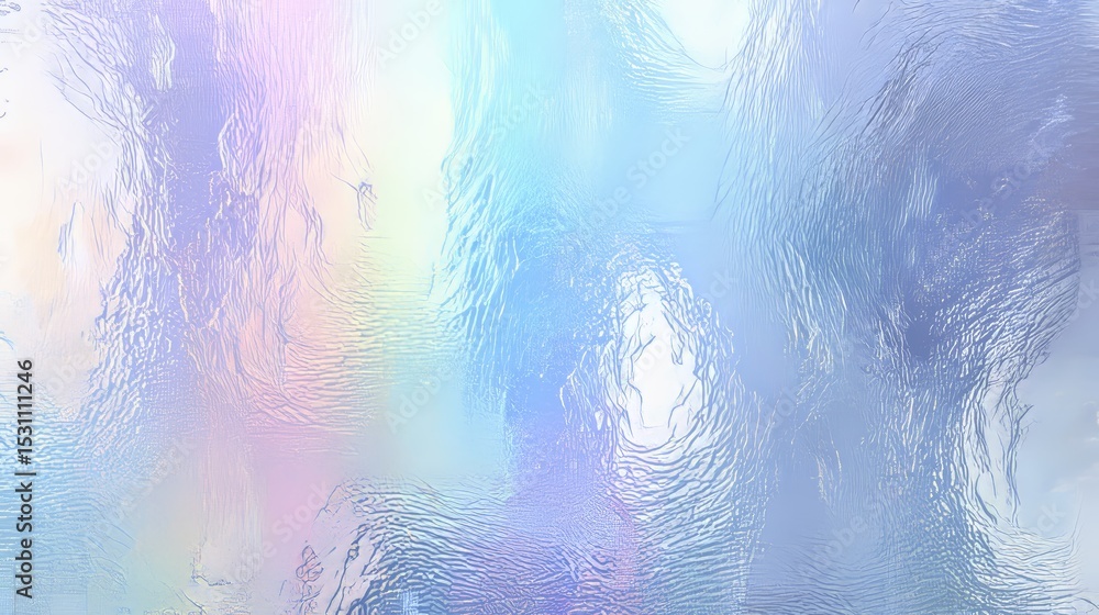 Poster shiny silver foil texture with soft pastel blue gradient and glossy surface, featuring holographic l