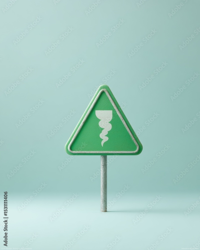 Poster Minimalist Tornado Warning Sign in Triangular Shape on Metal Pole Against Soft Background - Modern Safety Symbol for Emergency Preparedness
