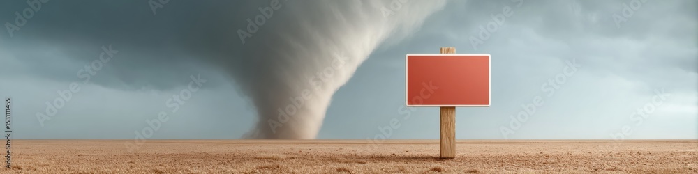 Poster tornado warning sign with threatening storm clouds on open plain - severe weather alert for emergenc