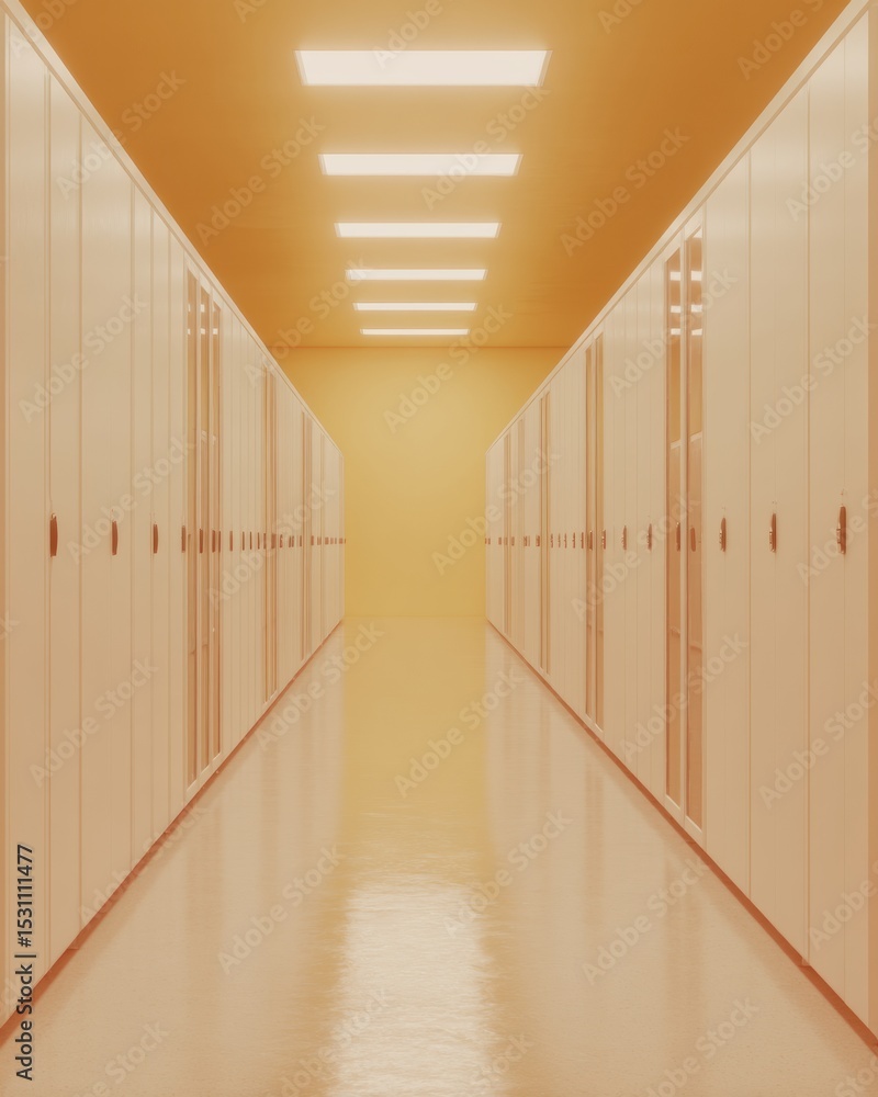 Poster Modern Data Center Corridor with Metallic Storage Racks Highlighting Secure Information Storage and Cybersecurity Infrastructure for Tech Innovation