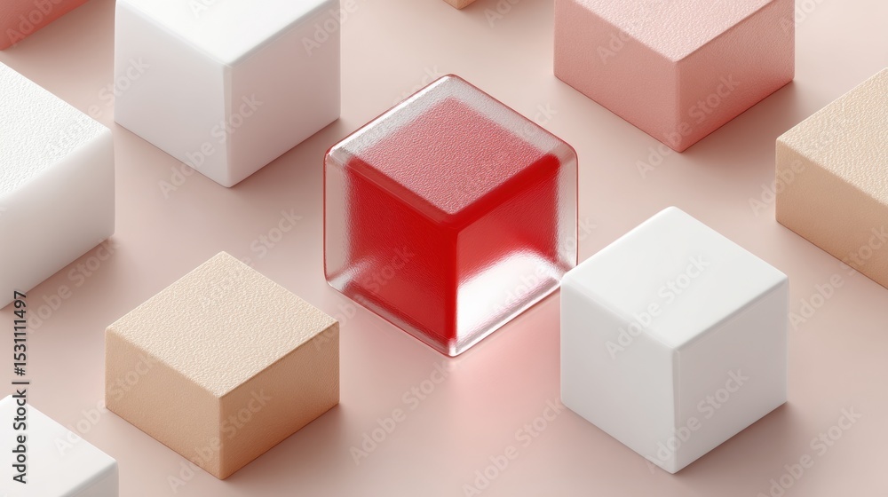 Poster Tokenized Digital Asset Network with Glowing Red Cube and Textured Containers on Reflective Surface for Modern Finance and Investment Platforms