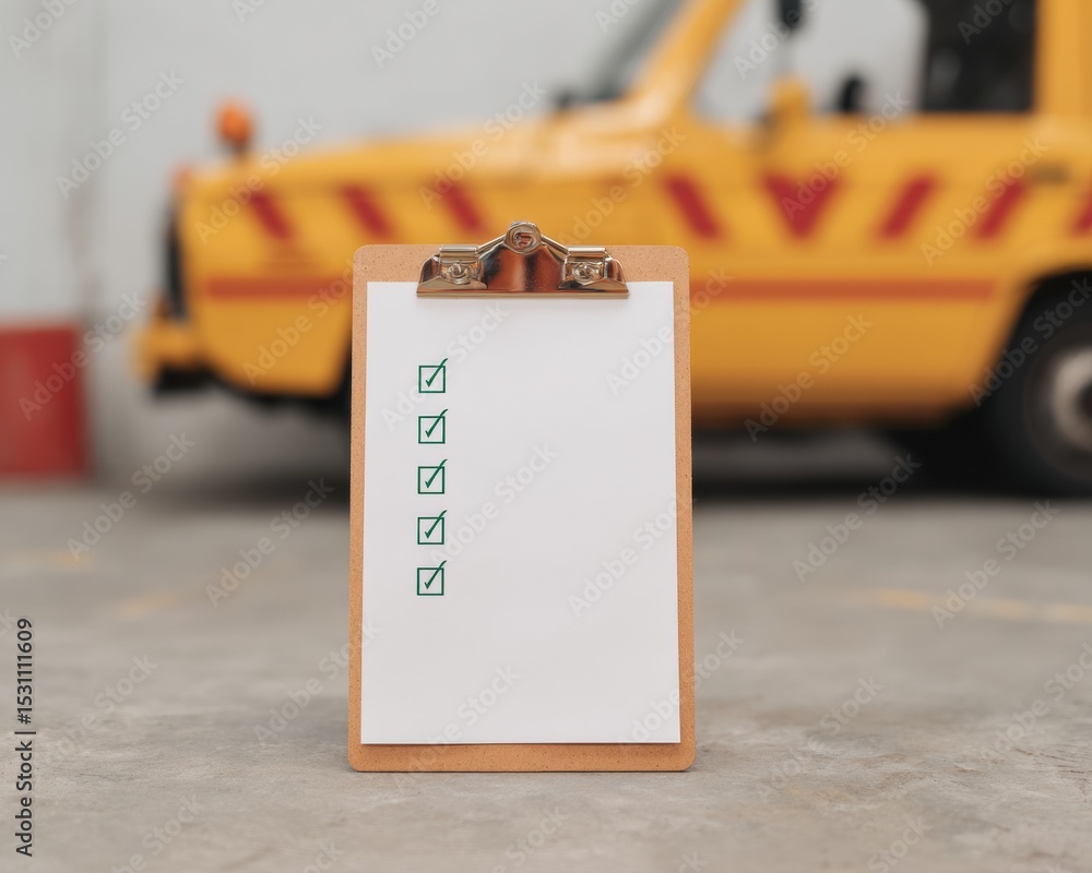 Aufkleber Minimalist Wooden Clipboard with Completed Checklist and Green Check Marks Representing Efficient Workflow and Task Management in Industrial Setting
