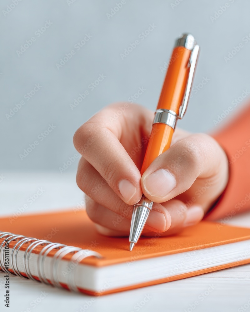 Aufkleber Close-Up of Hand Writing with Orange Pen on Spiral Notebook for Precise Documentation in Modern Business Setting with Focus on Workflow Efficiency