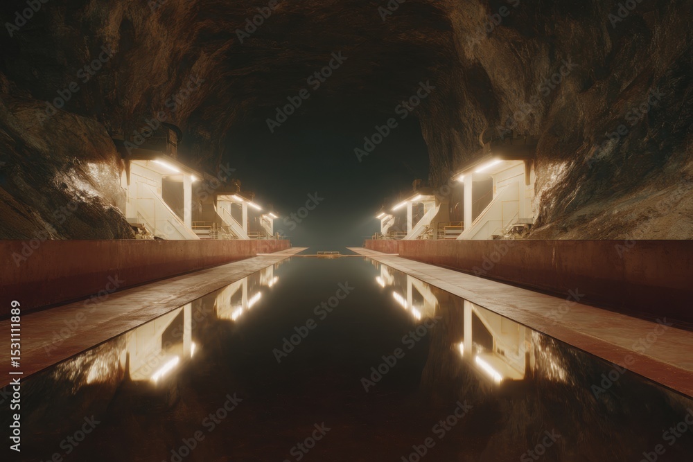 Aufkleber Autonomous mining trucks equipped with sensor arrays illuminate underground tunnel in smart mining technology for safe, efficient mineral extraction
