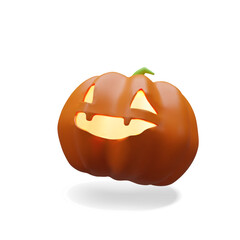 3d orange Halloween pumpkin right. Glowing scary decoration for October holiday. Three-dimensional vector illustration spooky face light. Autumn jack o lantern carved cute vegetable evil celebration