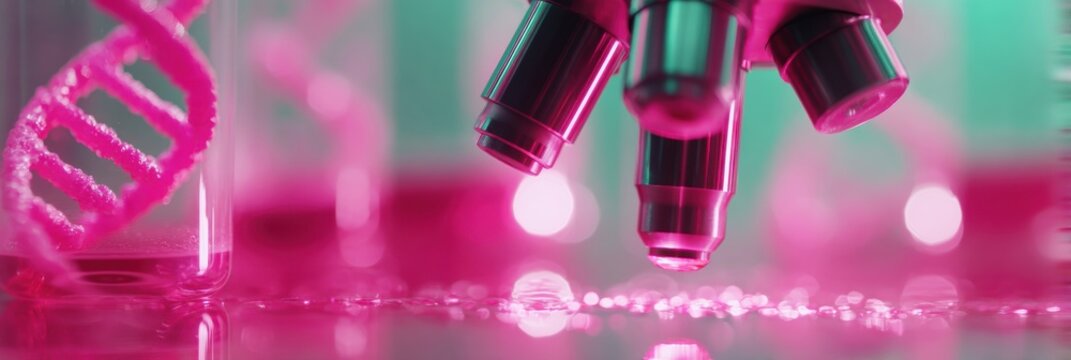 Modern genetic counseling and testing concept with DNA helix models and laboratory tools on sterile medical technology surface for healthcare innovation