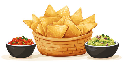 Basket of tortilla chips with bowls of salsa and guacamole vector isolated on a white background