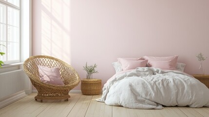 A light-filled bedroom with a wicker chair and a light gray bed.