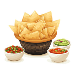 Basket of tortilla chips with bowls of salsa and guacamole vector isolated on a white background