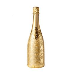 Glistening golden champagne bottle, isolated on transparent background
