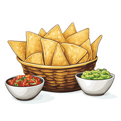 Basket of tortilla chips with bowls of salsa and guacamole vector isolated on a white background
