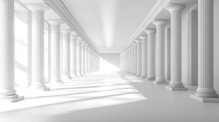 Fototapeta premium A long, white corridor with columns on both sides, leading to a bright light at the end.