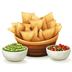 Basket of tortilla chips with bowls of salsa and guacamole vector isolated on a white background